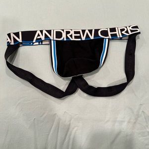 Andrew Christian jockstrap in black with blue and white stripes